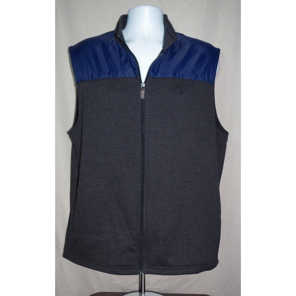 IZOD Men's Large Full Zip Vest Gray Herringbone Navy Blue Shoulder Panel
